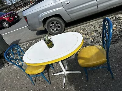 Vintage 1980's Retro Dinette Set Modern Blue Yellow Oval Kitchen Dining Nagahyde • $595