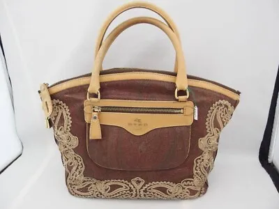 ETRO Handbag PVC Leather  Brown Beige Ribbon Paisley Motif Logo Gold Hardware • $98.56