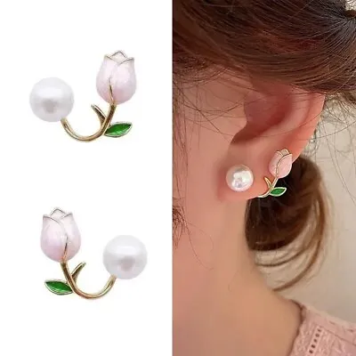 Fashion Woman Premium Exquisite Design Pink Tulip Flower Pearl Stud Earrings New • $12.98