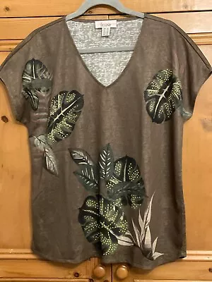 Linea Tesini @ Kaleidoscope Size 16 Khaki Diamante Trim T-Shirt Leaf Print TOP • £14.99