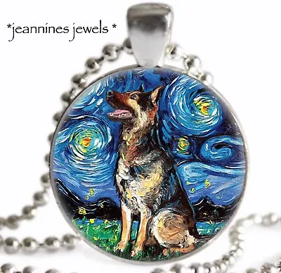 German Shepherd DOG NECKLACE Van Gogh Starry Night PRINT Silver Charm Pendant • $21.99