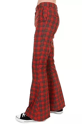 Mens 60s 70s Vintage Retro Red Royal Stewart Tartan Plaid Bell Bottom Trousers • £34.99