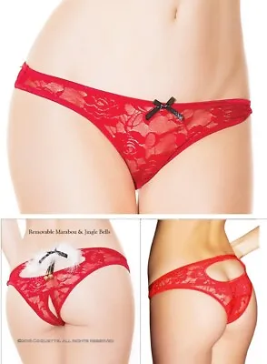 Christmas Crotchless Panties Removable Jingle Bells Marabou Accent Open Rear • $14