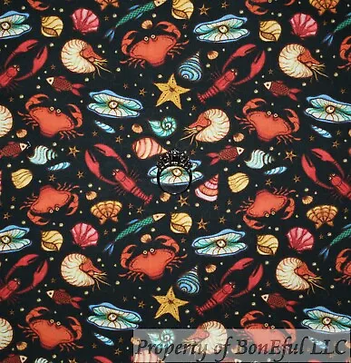 $0.99 • Buy BonEful Fabric Cotton Quilt Black Red Lobster Crab Sea*Food Shell Ocean US SCRAP