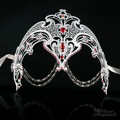 Chain Accents Metal Masquerade Mask M7152 White (Red Gems) • $14.45