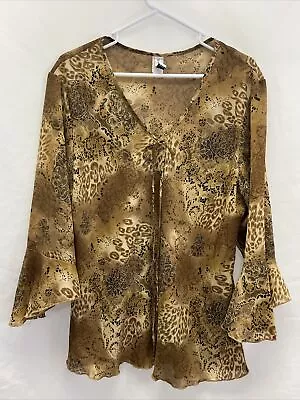 Vintage Gemma SzL Animal Print Blouse Bell Sleeve Ruffle Hem Tie Front  • $13.74