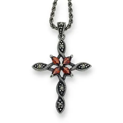 Vintage Thai FAS Sterling Silver 925 Garnet Marcasite Cross Pendant 18  • $60