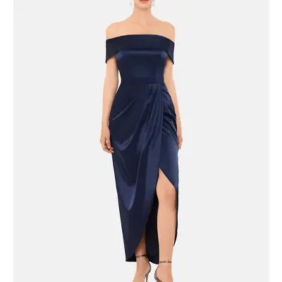 Xscape Womens Satin Off The Shoulder Maxi Dress Size 4 Navy Blue Evening NWT • £53.88