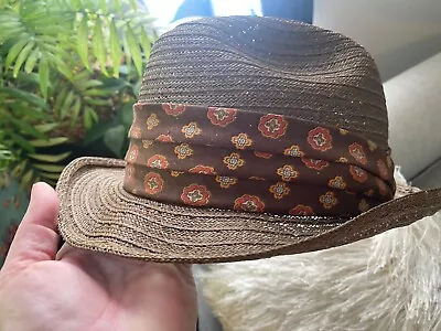 Vintage Fedora Hat Mens 7  Brown Woven Straw Ribbon Rust Gold Design Band • $14.95