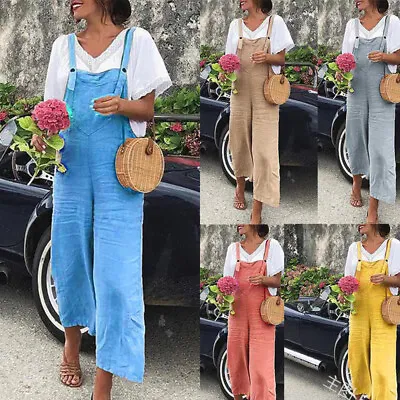 $22.98 • Buy Womens Loose Cotton Linen Jumpsuit Dungarees Playsuit Trousers Overalls Summer