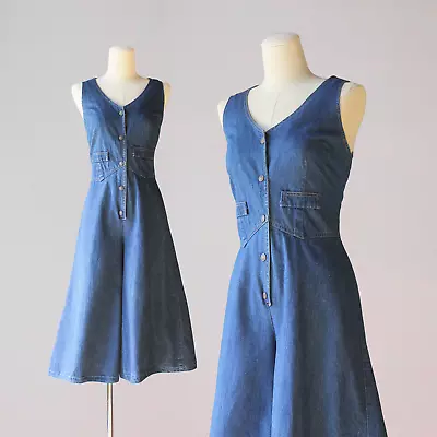 1970s Vintage Culottes Jumpsuit 70s Cropped Gaucho Wide Leg Denim Jumpsuit S/M • $118