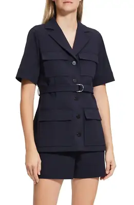 Theory Safari Jacket Womens Blazer XL Navy Neoteric Twill Short Sleeve Belt $425 • $184.63