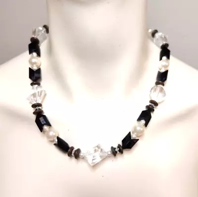 Vintage Black White Pearl Collar Necklace Beaded • $8