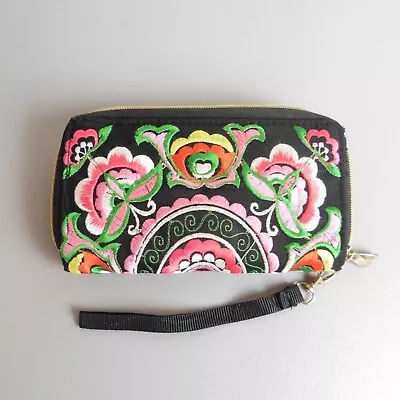 Mexican Embroidered Wallet Wristlet 8 X5 X1  Black Mulicolor Floral • $12