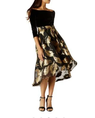 £75 • Buy Coast Black Bardot Gold Floral Jacquard Fit Flare Midi Dress Size  14