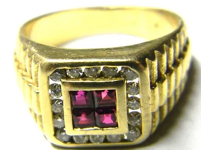 Mens 14k Yellow Solid Gold 16 Diamond 4 Red Ruby Ring 8 Grams Size 8.5 • $999.99
