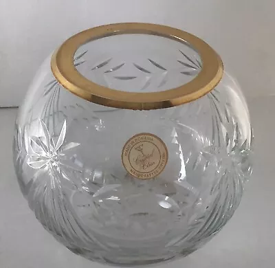 CLEAR CRYSTAL Etched Glass  4  Bowl Gold Trim Floral Design Handcrafted Romania • $24