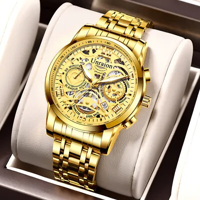 £11.99 • Buy UNRAION Men's Stainless Steel Businese Watches Luxury Skeleton Quartz Wristwatch