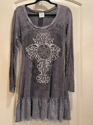 Vocal Women's Grey Ruffle Bottom Edge Tunic Rhinestones Graphic Front/back SZ S • $22