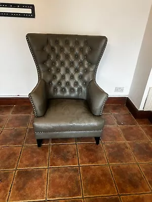 Olive Green Leather Queen Anne Chesterfield Style Chair High Arms Button Back • £250