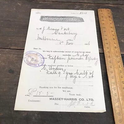 Massey Harris Co Vintage Receipt Circa 1916 • $10