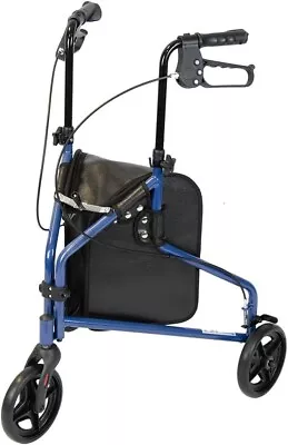 NRS Healthcare 3 Wheel Steel Rollator Walker Walking Aid With Bag Blue Brand New • £64.99