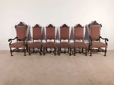 ANTIQUE Set Of 6 Baroque William & Mary Highly Carved 1910s Dining Chairs • $3495