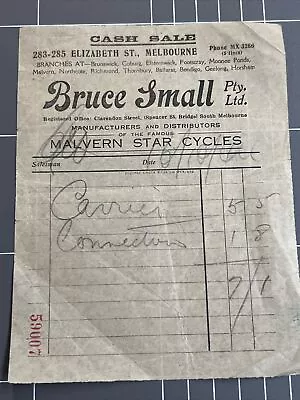 Original Receipt Malvern Star Cycles Bruce Small Bicycle Elizabeth St Melbourne • $16.08