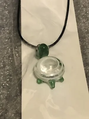 Art Glass Turtle Pendant Black Leather Cord Necklace • $10