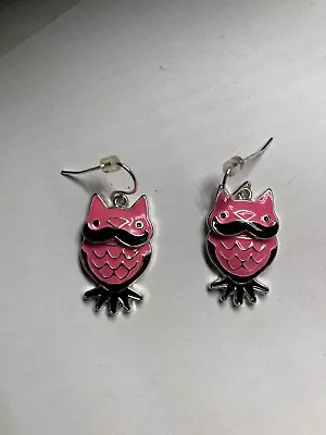 Hot Pink Owl Black Mustache Earrings For Pierced Ears Dangling Fun Jewelry • $8.50