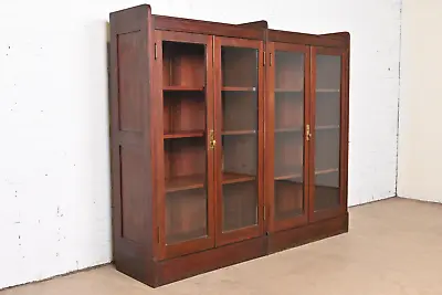 Antique Stickley Style Arts And Crafts Solid Mahogany Double Bookcase Circa 192 • $4500