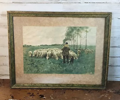 Antique Anton Mauve Framed Lithograph  Spring  Shepherd Print 16  X 19.5  • $38.99