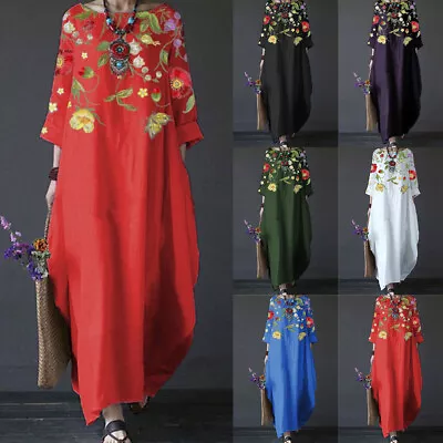 Ladies 3/4 Sleeve Floral Long Dress Womens Casual Kaftan Maxi Sundress Plus Size • $33.29