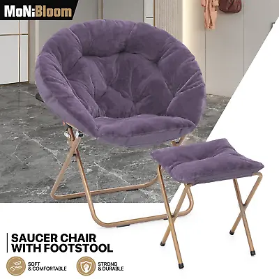 Purple Modern Comfy Saucer Cozy Chair Home Faux Fur Oversize Moon Seat W/Ottoman • $72.99