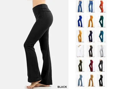 Women Cotton Spandex Yoga  Flare Pants Foldover Athletic Gym Reg N Plus S-3xl • $11.99