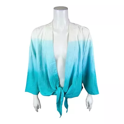 Denim & Co. Naturals Linen Blend Ombre Tie Front Shrug Bright Aqua X-Large Size • $20