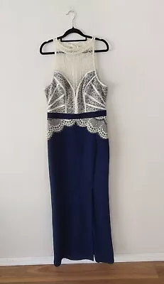 Lipsy Womens Size 14 Blue Fitted Maxi Dress White/cream Lace Elegant *defect* • $5