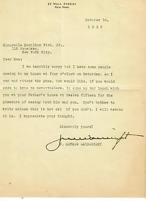  New York Congressman  J Mayhew Wainwright Hand Signed TLS • £192.75