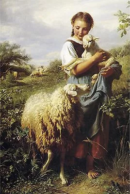 Vintage Victorian Era Shepherdess Young Woman Girl Sheep Lamb Canvas Art - Large • $49.80