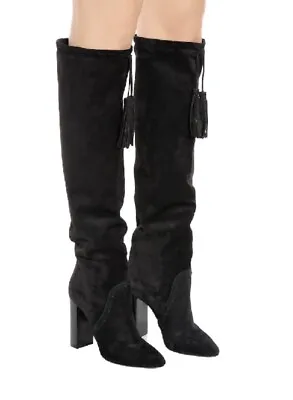 NEW AUTH Saint Laurent YSL Meurice Tassel Black Suede Thigh High Boots Sz 38.5 • $499