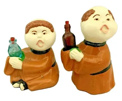 Pair Of Ceramic Monk Figurines Holding Wine / Liquor Bottles - 5  & 6  Tall • $12