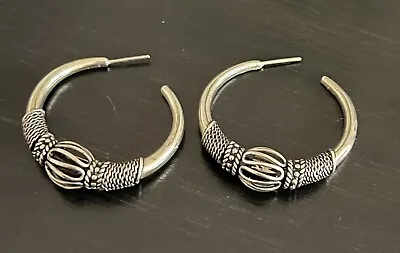 HUGE Heavy Vintage Sterling Silver Bali Rope Ball Bead Large Hoop Earrings • $55