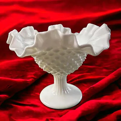 Vintage Fenton Hobnail Milk Glass Compote Pedestal Candy Dish With Ruffled Edges • $16