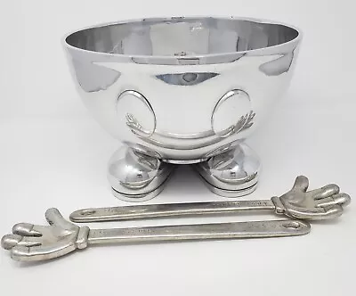 Vntg Disney Mickey Mouse Aluminum Large Metal Serving Salad Bowl & Hand Tongs • $69.99