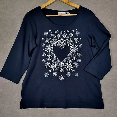 QUACKER FACTORY Shirt Women's Small Black Embroidered Rhinestone Snow Flake Top • $17.89