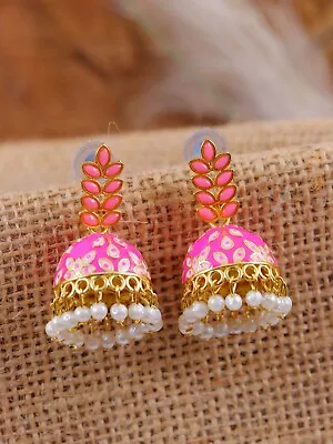 Indian Meenakari Jhumka Earrings Gold Plated Pink Jhumki Wedding Jewelry Women • $12.59