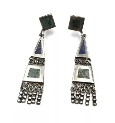Vintage Mexico Taxco Mosaico Azteca Sterling Inlaid Stone Screw Back Earrings • $39.50