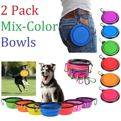 2 Pack Collapsible Dog Cat Pet Bowls Food Water Feeding Silicone Portable Travel • £3.66