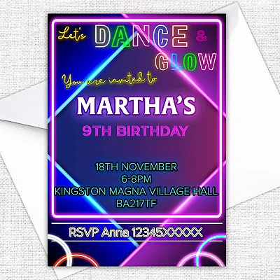 Personalised BOYS GIRLS DISCO DANCE NEON GLOW BIRTHDAY Party Invitations • £4.20