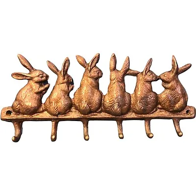 Wall Hat Key Holder Metal Bronze Cast Iron Rabbits 6 Hook Hanging 7” • $24.88